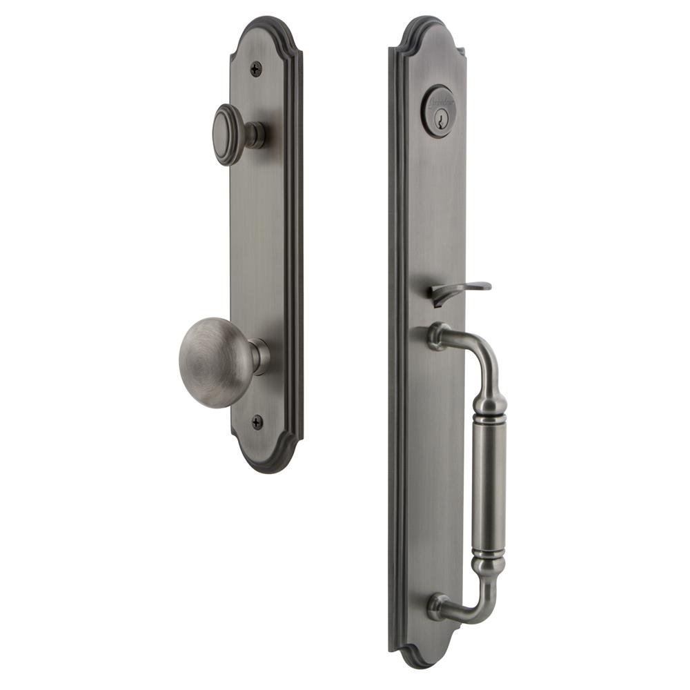 Grandeur by Nostalgic Warehouse ARCCGRFAV Arc One-Piece Handleset with C Grip and Fifth Avenue Knob in Antique Pewter